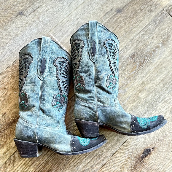 Corral Vintage Shoes - Corral Vintage LD Cowboy Boots Blue Jean Leather Butterfly & Rose C1150 Size 8M